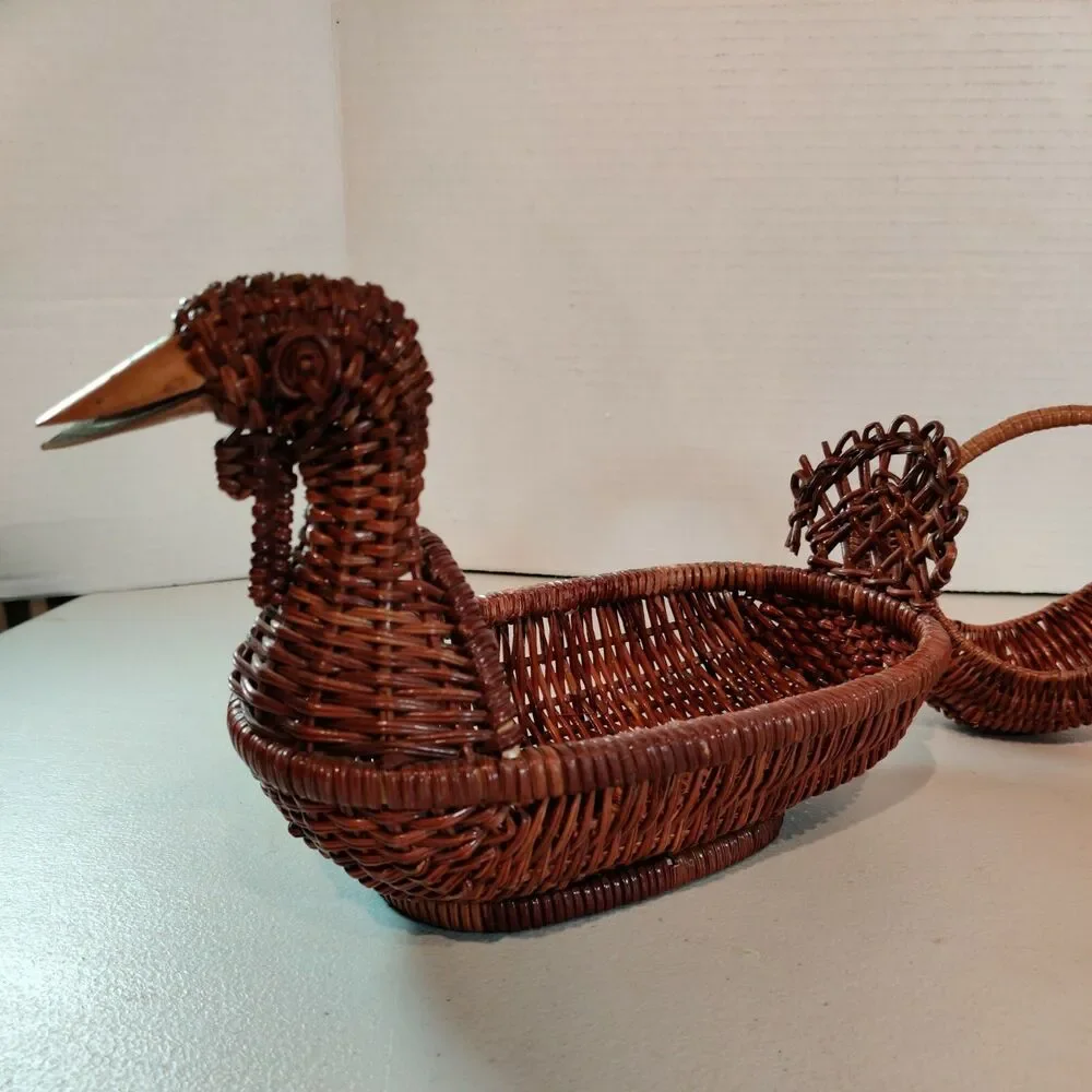 (2) VTG Rattan Wicker Woven Duck Turkey Goose Basket Wooden Beak & Small Rabbit